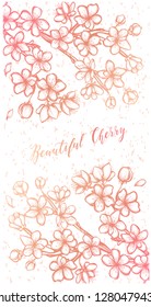 Beautiful Cherry ,Vector illustration, branches, flowers, buds, handmade, card for you, tattoos. pink yellow colors