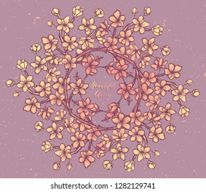 Beautiful Cherry ,Vector illustration, branches, flowers, buds,wreath, handmade, card for you