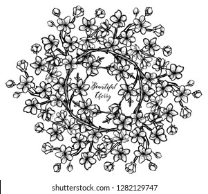 Beautiful Cherry ,Vector illustration, branches, flowers, buds,wreath, handmade, tattoos, card for you