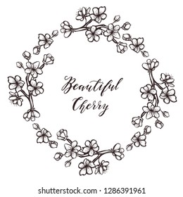 Beautiful Cherry ,Vector illustration, branches, flowers, buds,wreath, card for you, handmade, tattoos