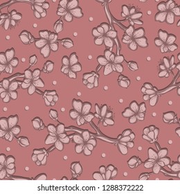 Beautiful Cherry ,Vector illustration, branches, flowers, buds, handmade. seamless pattern. background dark