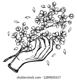 Beautiful Cherry ,Vector illustration, Sakura branch in hand, buds, flowers, card for you, handmade