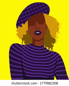 Beautiful chic style African American lady in purple fashion outfit with hat retro vector illustration