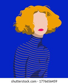 Beautiful chic style girl with curly orange hair in blue turtleneck shirt outfit vector illustration