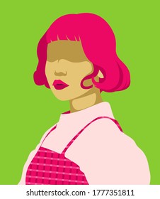 Beautiful chic style girl in pink bob hairstyle with fashion outfit vector illustration