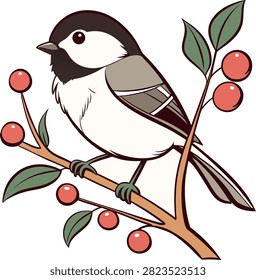 Beautiful chickadee bird resting on branch with red berries and green leaves, cute wildlife character design, clean lines for creative projects and kids books.