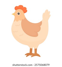 Beautiful chicken in cartoon style on a white isolated background. Domestic common chicken for breeding on farms. Laying hen. Cute chicken for children's illustrations