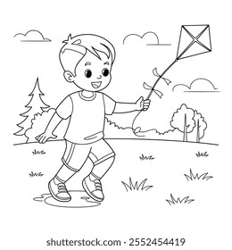 Um menino bonito brincando, colorindo página