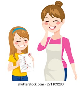 Beautiful Child Girl Showing Her Happy Mother Good School Grades