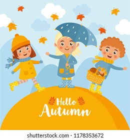 Beautiful childish illustration. Autumn banner. Kids are happy autumn. Happy Thanksgiving! Happy Autumn! Fall greeting card.