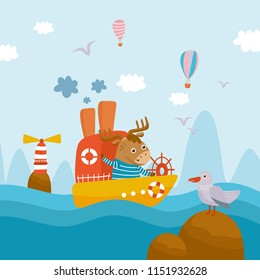 Beautiful childish illustration. Marine and sea landscape. Seagulls, sea, lighthouse. Deer swims on the ship. For baby birthday, party, invitation. 