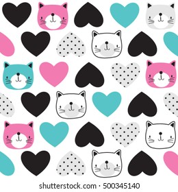 beautiful childish pattern with cat and heart, wrapping paper, hand drawn colorful cat and heart background, bedding pattern for kids vector illustration