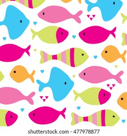 beautiful childish pattern with fish, summer pattern with fish wrapping paper, hand drawn colorful fish on white background vector illustration