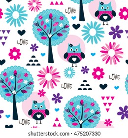 beautiful childish pattern with owl and tree, summer flowers and owls wrapping paper, hand drawn colorful owl, tree and flower background vector illustration