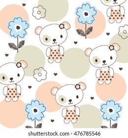 beautiful childish pattern with teddy bear and flower, summer flowers and teddy bear wrapping paper, hand drawn bears and flowers background vector illustration