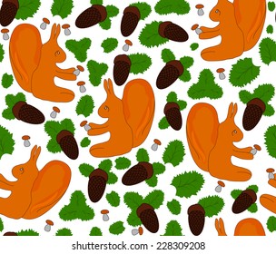 Beautiful childish vector seamless pattern with forest squirrels, nuts and mushrooms