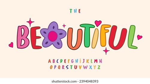 Beautiful children alphabet. Joyful celebration font, cheerful cute letters for greeting cards, birthdays, festive occasions. Rounded summer letters for playful childhood headlines and logos. Vector