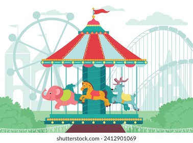 Beautiful children carousel at city amusement park. Carnival entertainment equipment with horse and elephant. Boys and girls leisure at playground. Cartoon flat isolated