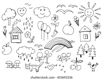 Beautiful children drawings pattern in black colour. Editable vector illustration on a white background. Funny doodle set of plain objects from a child life and nature. 