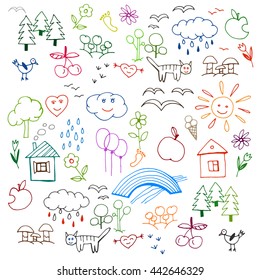 Beautiful children drawings pattern in bright colours. Editable vector illustration on a white background. Funny doodle set of plain objects from a child life and nature. 