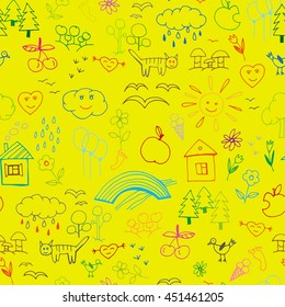 Beautiful children drawings seamless pattern in bright colours. Editable vector illustration on a yellow background. Funny doodle set of plain objects from a child life and nature. 