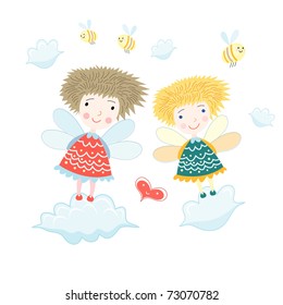 Beautiful children in the form of little fairies flying in the clouds with bees. Vector illustration.