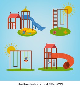 Beautiful children playground set. Vector illustrations in bright blue, green, yellow and orange colours in cartoonish style.