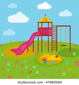 Beautiful children playground. Vector illustration in bright blue, green, yellow and orange colours in cartoonish style.