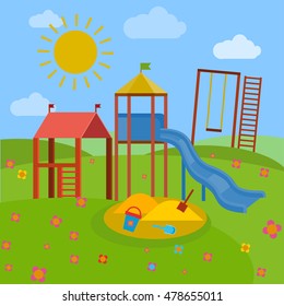 Beautiful children playground. Vector illustration in bright blue, green, yellow and orange colours in cartoonish style.