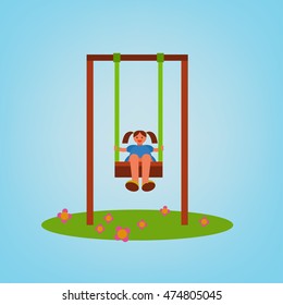 Beautiful children swing with a girl swinging. Vector illustration in bright blue, green, brown and orange colours in cartoonish style.