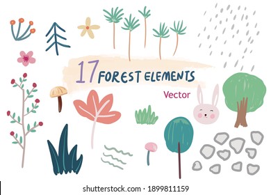 Hermosos elementos de vectores forestales dibujados por niños