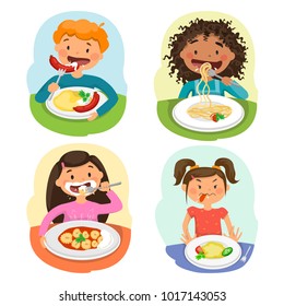 Beautiful childrens Enjoying Healthy Lunch In Cafeteria