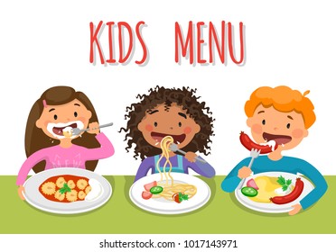 Beautiful childrens Enjoying Healthy Lunch In Cafeteria