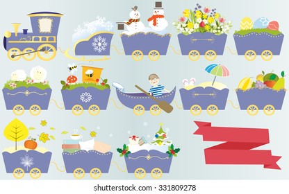 Beautiful children's train passing through the spring summer, autumn and winter