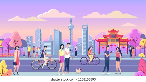 Beautiful China City Color Vector Illustration. People Walking On The Street.