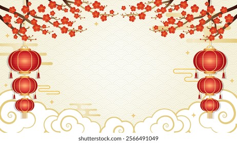 Beautiful Chinese Background vector illustration. Red Plum blossom branches and paper lanterns on tradition background  