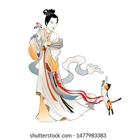 Beautiful Chinese with cat. Woman in traditional clothes over white background. Vector