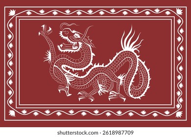 Beautiful Chinese dragon with lotus flower frame border line art isolated on dark brown background - vector illustration 