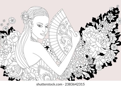 beautiful chinese girl with a fan standing against blooming background. coloring book page for adults and children