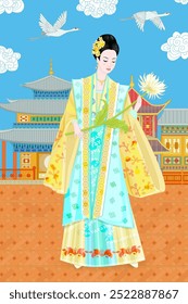 beautiful chinese girl with flower chrysanthemum standing against ancient asian town. cloudy cityscape with flying cranes