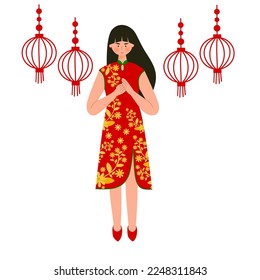 Beautiful chinese girl greeting happy lunar new year flat design character vector illustration