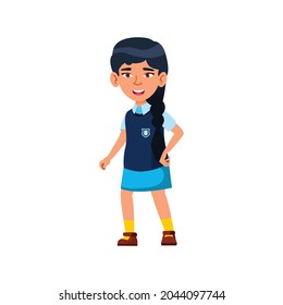 beautiful chinese girl showing school costume for parents cartoon vector. beautiful chinese girl showing school costume for parents character. isolated flat cartoon illustration