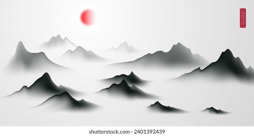 Beautiful Chinese ink landscape image design background Vector illustration