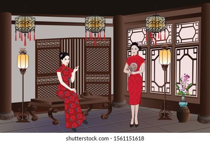 A beautiful Chinese ladies with 
Cheongsam red dress in a room decorated in ancient Chinese style. 