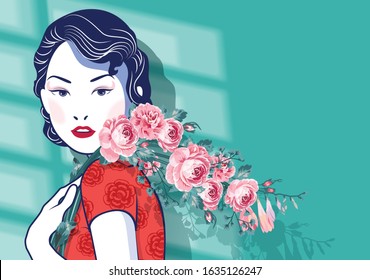 Beautiful Chinese Lady with a bouquet of roses, flowers on green wall space background. Vector, Illustrator.