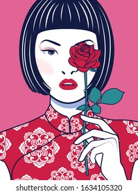 Beautiful Chinese Lady covering her eye with a red rose flower on pink background. Vector, Illustrator.