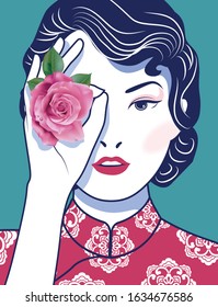 Beautiful Chinese Lady covering her eye with a pink rose flower on green background. Vector, Illustrator.