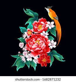 Beautiful chinese pattern with peonies and bird