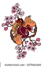 Beautiful Chinese peacock with cherry blossom.Asian Phoenix fire bird tattoo design.Colorful Phoenix fire bird with sakura flower and plant.Hand drawn Japanese tattoo style.