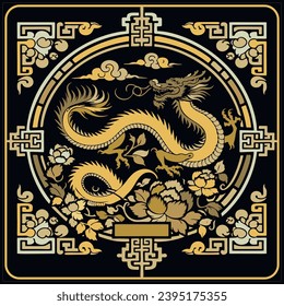 Beautiful chinese traditional ornamental gold dragon mandala pattern with frame. Happy Chinese new year 2024 Zodiac sign, year of the Dragon. Decorative trendy colorful vector design. black background